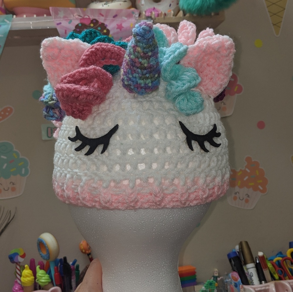 Unicorn hat crochet sleepy eyes beautiful